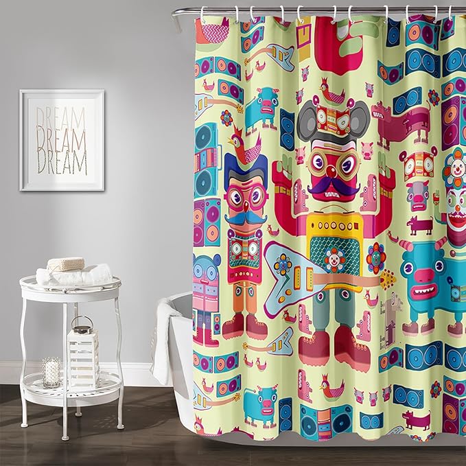 AILONEN Cartoon Robot Shower Curtain Sets,Beautiful Music Guitar Robots Theme Bathroom Decors, 60" W*72" H Cute Shower Curtain for Boys Girls Teens Kids