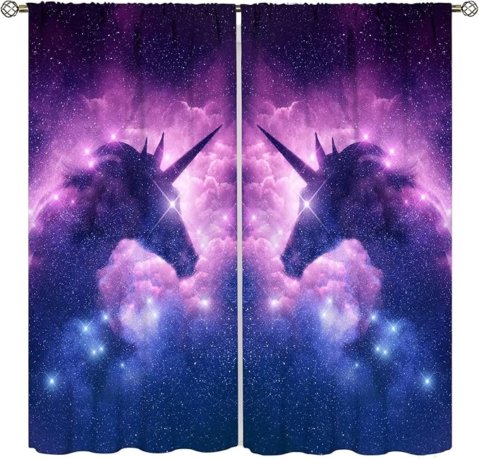 Unicorn Curtains Children's Cartoon Starry Sky Theme Unicorn Pattern Curtains Star Galaxy Boys Girls Room Blackout Curtains 63x63 Inch 2 Panels