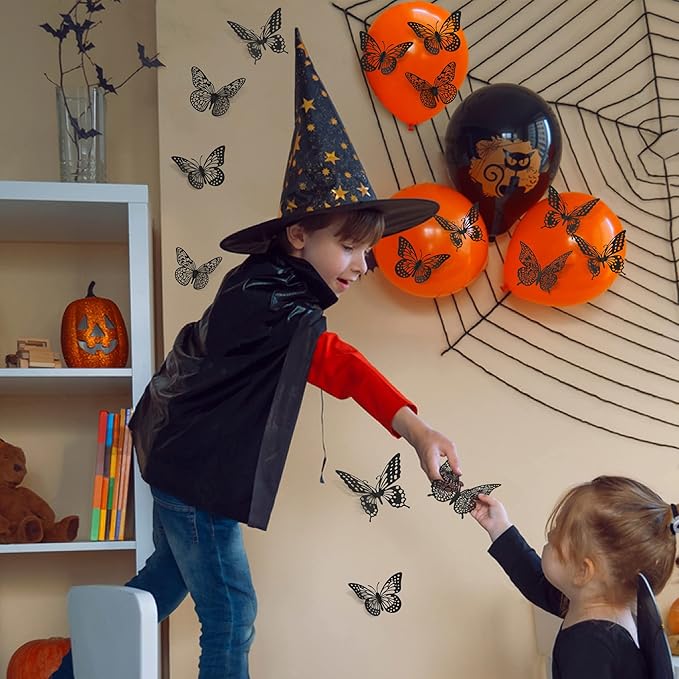 SAOROPEB 3D Butterfly Wall Decor 48 Pcs 4 Styles 3 Sizes-Butterfly Birthday Decorations&Butterfly Party Decorations&Butterfly Cake Decorations-Removable Gold Butterfly Decorations (Black)