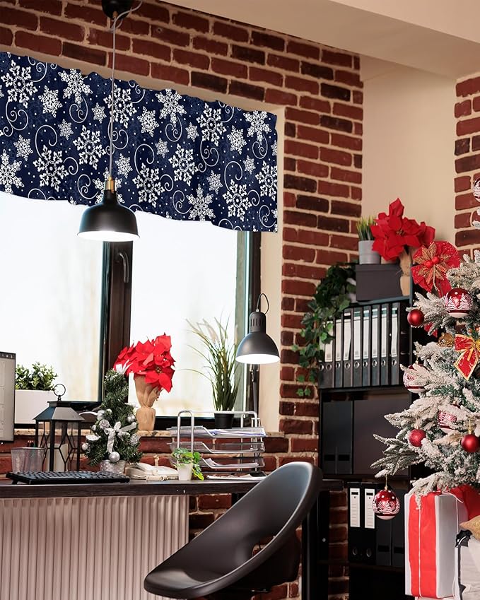 Christmas Valance Curtains for Kitchen Windows White Navy Snowflakes Pattern Rod Pocket Window Treatment Toppers for Kitchen/Living Room/Bedroom/Bathroom, 42" X 12", Winter