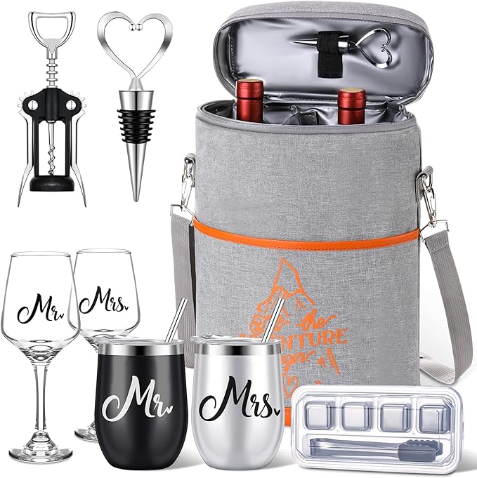 Berlune 12 Pcs Wedding Gifts for Couple 2024 Wine Gifts Set for Wedding Bridal Shower Gifts Anniversary Engagement Gifts for Newlyweds Mr and Mrs Gift Wine Cooler Tote Bag Wine Accessories Gifts Set