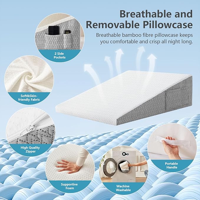 Wedge Pillow for Sleeping, 10 inch Bed Wedge Pillow for Acid Reflux Relief, Sleep Apnea, Snoring, Back Pain Relief, Memory Foam Wedge Pillow for Anti Snoring, Triangle Pillow for Gerd (10 inch)