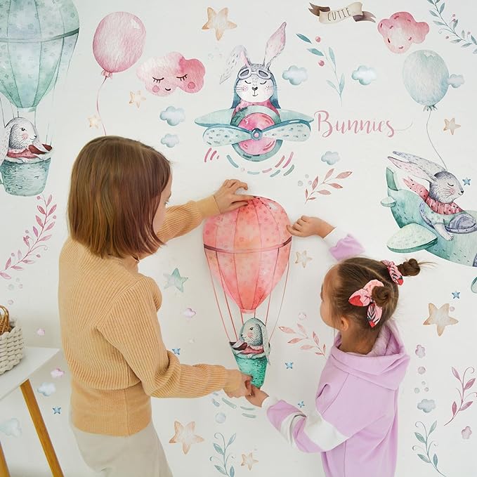 Bunny Wall Decals for Kids by Lipastick - 69 pcs Rabbits Wall Stickers Peel and Stick - Hot Air Balloon Wall Decals for Girls Boys Kids Baby Nursery Room Bedroom - Bunies Wall Decor Aircraft M Size