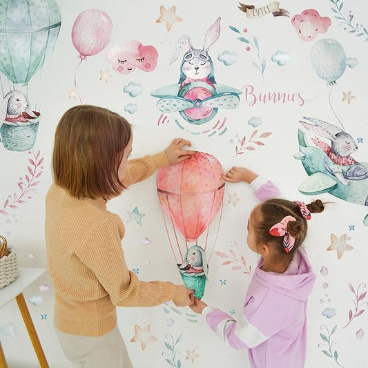 Bunny Wall Decals for Kids by Lipastick - 69 pcs Rabbits Wall Stickers Peel and Stick - Hot Air Balloon Wall Decals for Girls Boys Kids Baby Nursery Room Bedroom - Bunies Wall Decor Aircraft M Size