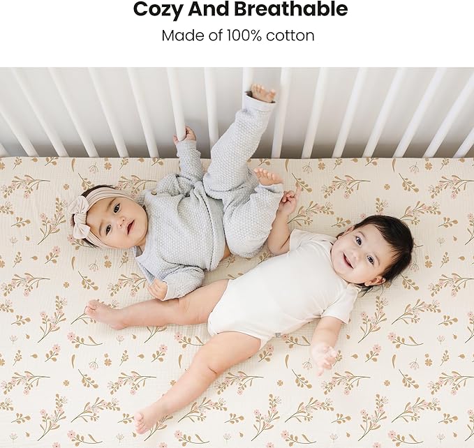 Konssy Muslin Fitted Crib Sheets 100% Cotton Baby Crib Sheets for Standard Crib Mattress (28 X 52 Inches), Soft and Breathable for Boy, Girl (Pink Floral)