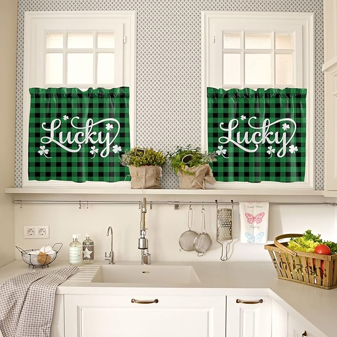 St. Patrick's Day Buffalo Plaid Kitchen Curtains and Valances Set, Lucky Shamrocks Clover Window Tiers Rustic Green Black Half/Short Curtains for Small Windows Cafe /Living Room/ Bedroom 54x24 in