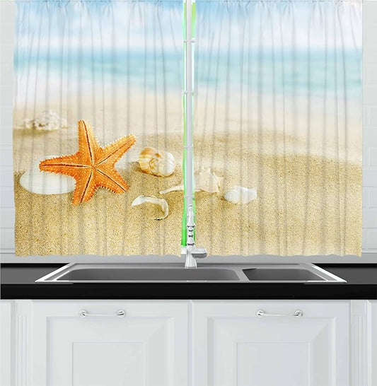 Ambesonne Starfish Kitchen Curtains, Tropical Caribbean Seacoast with Different Shells and Animals Relaxing Vacation, Window Drapes 2 Panel Set for Kitchen Cafe Decor, 55" x 30", Sand Pale Blue
