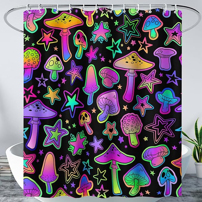 AILONEN Cute Mushroom Window Curtain for Kids,Star Purple Mushroom Curtain for Bathroom Decor,Gradient Mushroom Polyester Waterproof with 12 Plastic Hooks 72" W*72" H