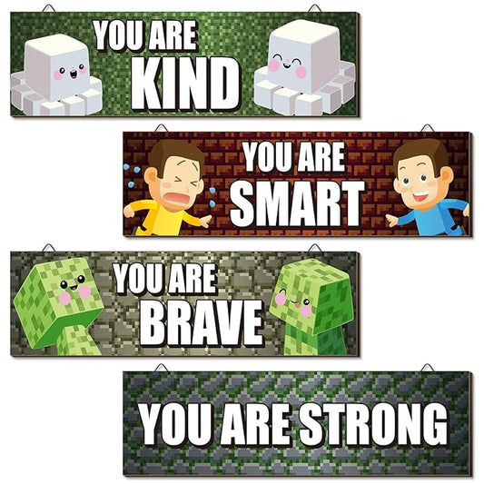 4 Pcs Game Bedroom Wall Decor Boys Room Decor for Kids Inspirational Wooden Hanging Wall Sign Motivational Quote Car Wall Decor for Boys Kids Nursery Playroom Kindergarten