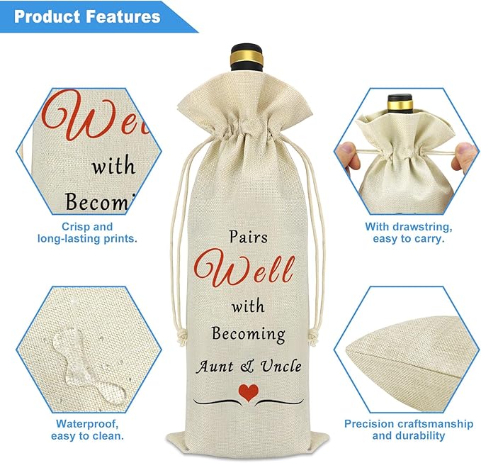 Pregnancy Announcement Gift New Auntie Uncle Gift Wine Bag Auntie to Be Uncle to Be First Time Aunt Uncle Gifts Wine Bottle Bag Christmas Mothers Day Father's Day Gift Wine Gift Bags with Drawstrings