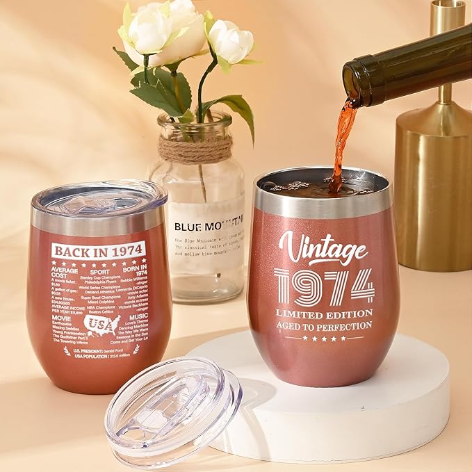 Lifecapido 50th Birthday Gifts for Women, Vintage 1974 Limited Edition Insulated Wine Tumbler with Wine Bag, 50 Year Old 50th Birthday Presents Christmas Gifts for Mom Grandma Wine Lover, 12 oz