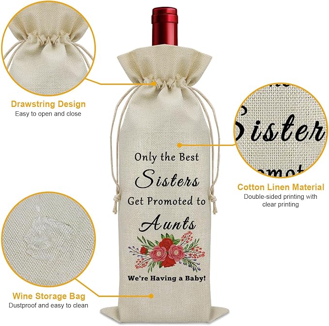 Promoted to Aunt Gifts Wine Bag Auntie Pregnancy Announcement Gifts Sister to Aunt Gifts Wine Bottle Decoration Bag New Aunt Gifts Aunt to Be Gifts Wine Accessories Gifts for Wine Lovers