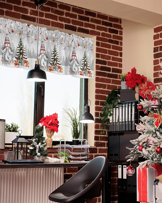 Christmas Gnome Valance Curtains for Kitchen Windows Winter Merry Christmas Tree Balls Rod Pocket Window Treatment Toppers for Kitchen/Living Room/Bedroom/Bathroom, 60" X 18", Grey