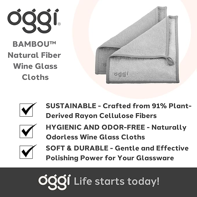 OGGI Bambou Wine Glass Polishing Cloths - Natural Wine Polishing Cloth, 91% Bamboo-Derived Rayon Cellulose Fiber, Reusable, Hygienic, Fast Dry, Odor-Free, Non-Scratch, Lint-Free - 2 pcs, 7x9"