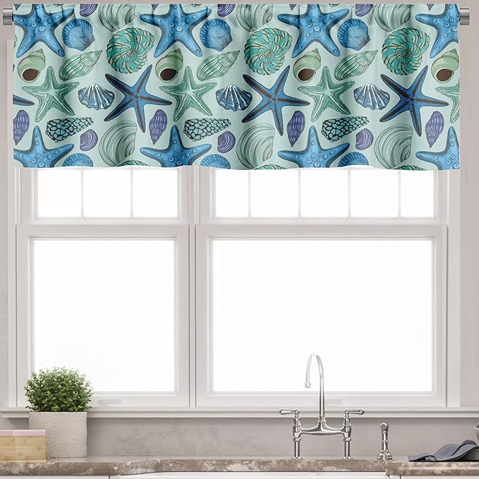Ambesonne Starfish Valance & Tier Curtain 3 pcs Set, Aquarium Inspired Composition Tropical Seashells and Scallops Cockles and Clams, Window Treatments for Kitchen Room Decor, 55" x 36", Blue Seafoam
