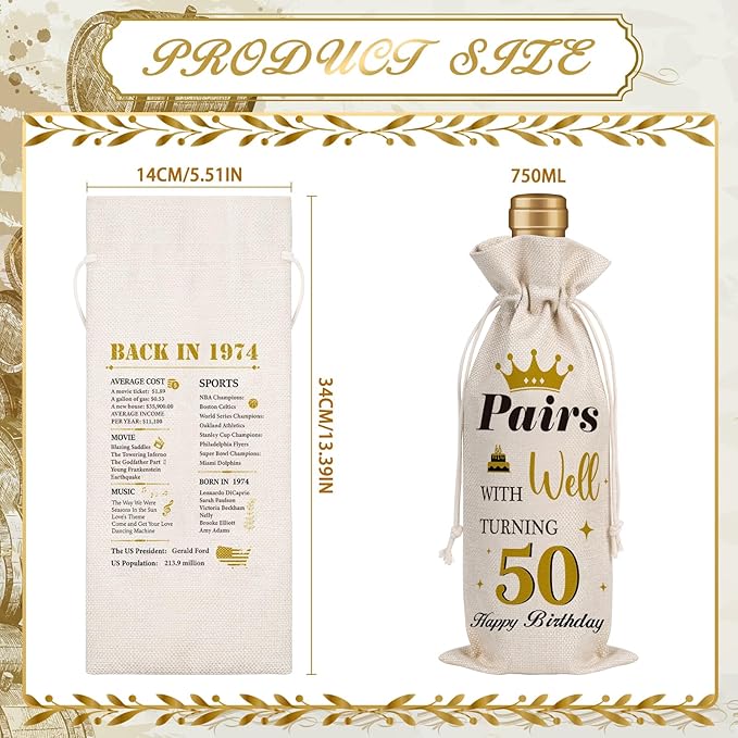 Wxiben 50th Birthday Wine Bags - 1pcs 1974 Wine Gifts for Women Men 50 Year Old Burlap Wine Gift Bag Over the Hill 50th Birthday Party Decorations for Mom Dad Grandma Coworker Birthday Gift