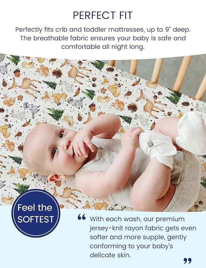 TotAha Crib Sheets for Boys Girls, Premium Soft Crib Mattress Fitted Sheet, Super Stretchy Jersey Knit Baby Sheets, Silky Comfort Baby Bed Sheets 28x52x9 Extra Deep Pocket, 2 Pack (Forest Animals)