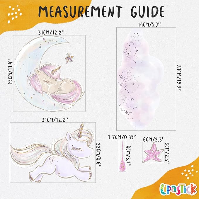 Unicorn Wall Decals for Kids by Lipastick - 126 pcs Unicorn Wall Stickers Peel and Stick - Wall Decals for Girls Kids Baby Nursery Bedroom - Kids Colorful Decals Glittered Moon Stars Clouds M Size
