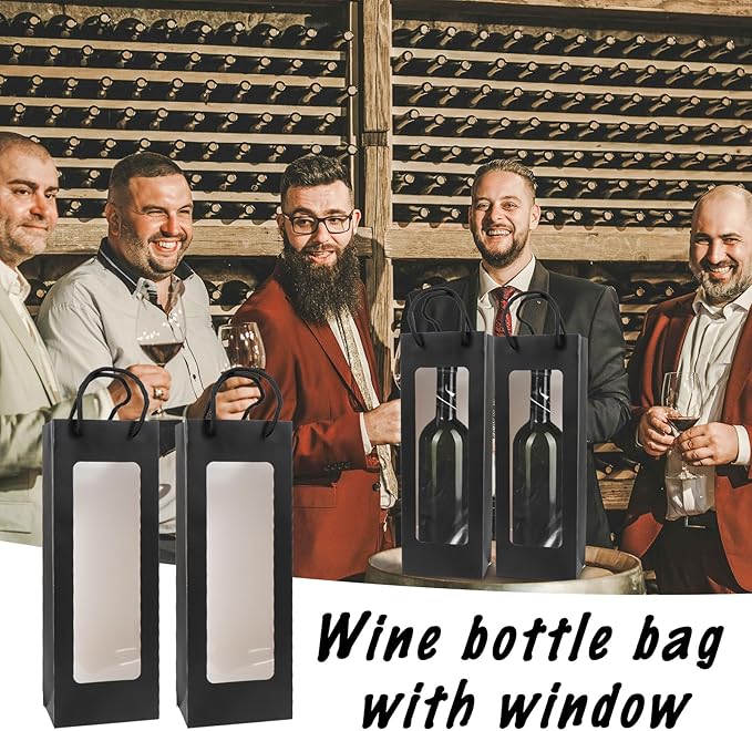 Cyblinia 20 Pack Wine Gift Bags Paper Wine Bags 14.2 x 4.9 x 3.4 Inch Wine Bottle Bags with Clear Window for Weddings, Valentine's Day, Birthday, Party