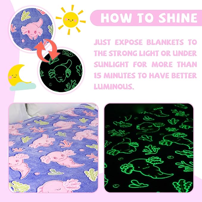 Glow in The Dark Axolotl Blanket Cute Throw Blanket Axolotl Gifts Toy for Kids Girls Adult Axolotls Stuff Axolotl Decor