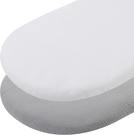Muslin Bassinet Sheets 30"x 16" Compatible with Fisher-Price Soothing Motions and Dream On Me Lacy Baby Bassinet, 2 Pack 100% Cotton, White and Grey