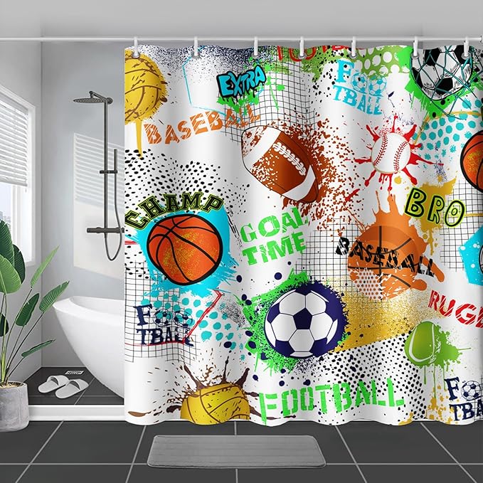AILONEN Sport Shower Curtain,Graffiti Basketball Football Baseball Rugby Sport Art Bath Curtain Minimalist Bathroom Curtain 48" W*72" H Polyester Waterproof Bathroom Curtain with 12 Hooks