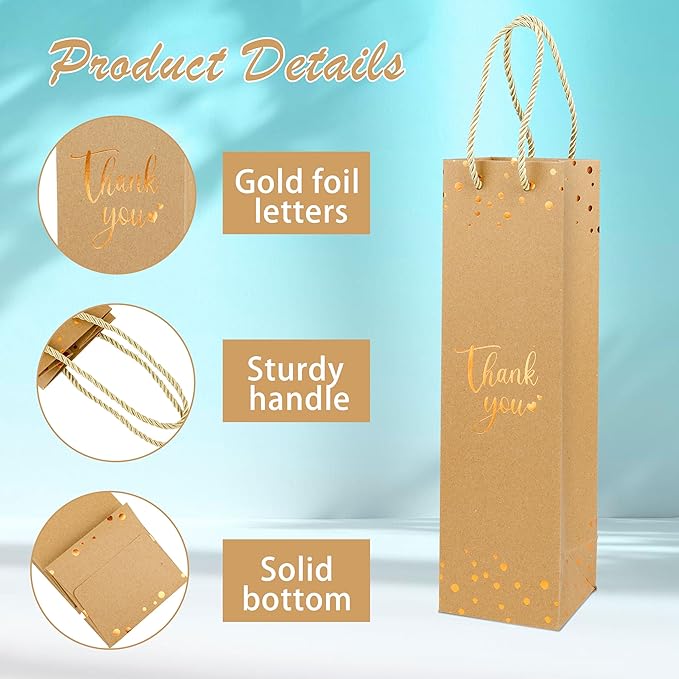 Ssyuysto 12 Pcs Wine Thank You Bags for Wine Bottles Elegant Wine Gift Bags with Metallic Gold Foil Print Kraft Paper Wine Bags with Handles for Travel(Brown)