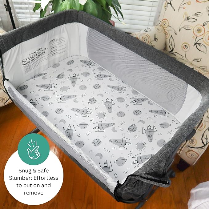 TansyPanda Bassinet Sheets for Angelbliss, Koolerthings, and Koola Baby Bassinet Bedside Sleeper, 3 Pack, 33x20 inch, Ultra Soft, Breathable, Snug Fit, Unisex Boys Girls, Gray White (Space Rockets)