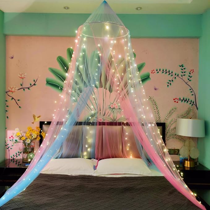 Eimilaly Two-Tone Bed Canopy Mosquito Net Pink Blue with Warm Lights, Bed Canopy for Girls Room Decor, Single Door