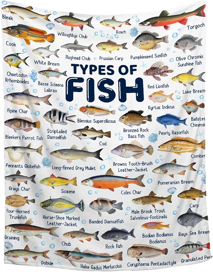 Fish Throw Blanket,Types of Fish Blanket Fish Blanket Gifts,Ultra Soft Lightweight Flannel Blankets Warm Fuzzy Cozy Plush Blankets for Couch Sofa Bed Living Room,Family Size-90"x120"