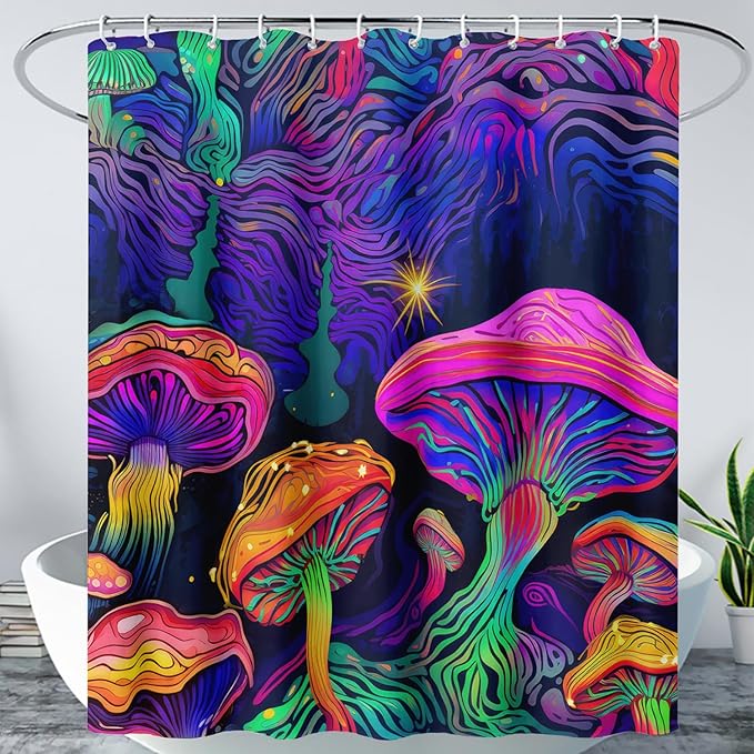 AILONEN Magic Mushroom Shower Curtain for Kids Boys Girls,Mushrooms and Starry Night Waterproof Fabric Shower Curtain for Bathroom,Dreamy Natural Plants Shower Curtain Set with Hooks,48" W*72" H
