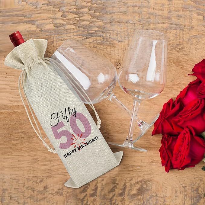 50th Birthday Gift for Women Men Wine Bag Funny 50 Years Old Birthday Gift Drawstring Wine Bottle Bag Turning 50 Gift for Mom Father Friend Burlap Wine Wrap Bag Fifty Birthday Gift Wine Gift Bag