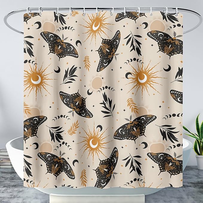 AILONEN Moth Shower Curtain,Sun and Moon Death Moth Bath Curtain for Bathroom Decor,Polyester Waterproof with 12 Plastic Hooks 72" W*84" H