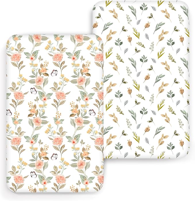 ACRABROS Crib Sheets for Girl Boy: Stretchy Baby Fitted Crib Mattress Sheets Sets 2 Pack Standard Size Ultra Soft Neutral, Rose&Leaf