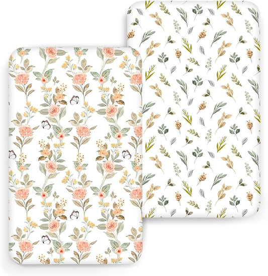 ACRABROS Crib Sheets for Girl Boy: Stretchy Baby Fitted Crib Mattress Sheets Sets 2 Pack Standard Size Ultra Soft Neutral, Rose&Leaf