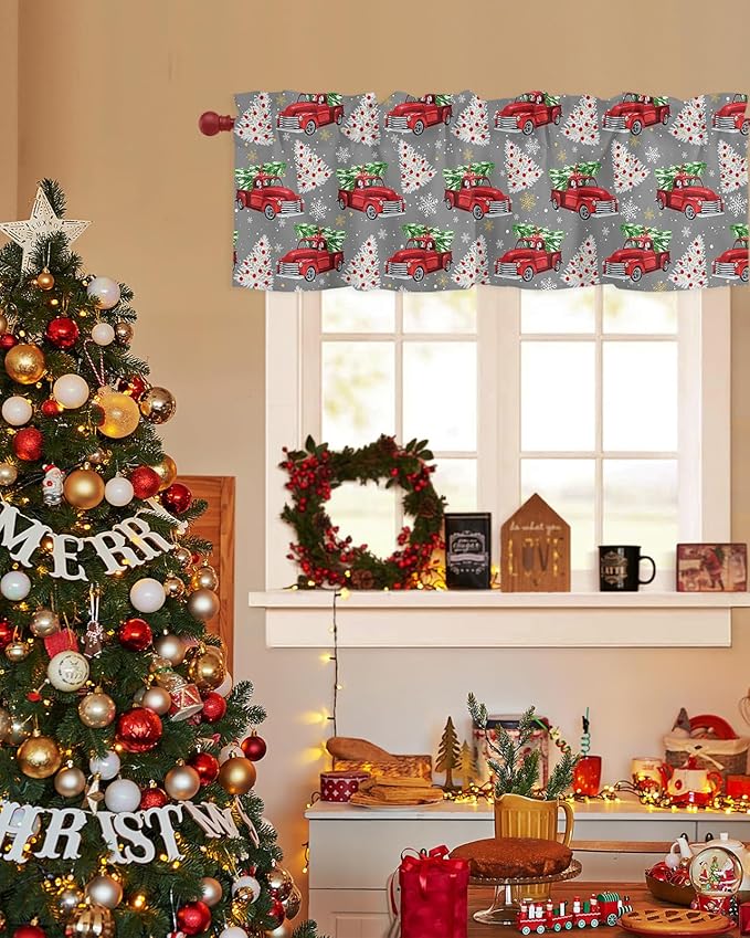 Red Truck Christmas Valance Curtains for Kitchen Windows Merry Christmas Tree Rod Pocket Window Treatment Toppers for Kitchen/Living Room/Bedroom/Bathroom, 42" X 18", Winter Snowflake Grey