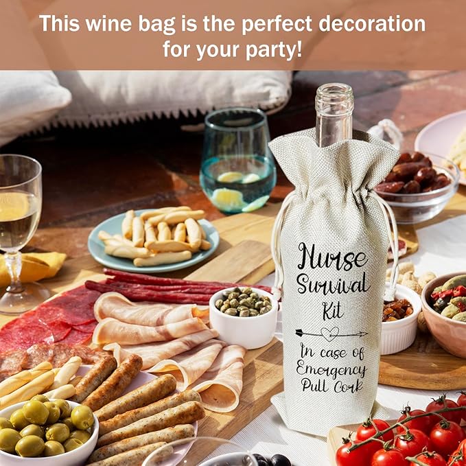 Nurse Wine Gift Bags, Nurse Gifts for Nurse Practitioner RN Nursing Student, 1pcs Nurse Survival Kit Reusable Burlap Wine Gift Bags for Wine Bottles, Nurse Week Graduation Holiday Party Favor -13