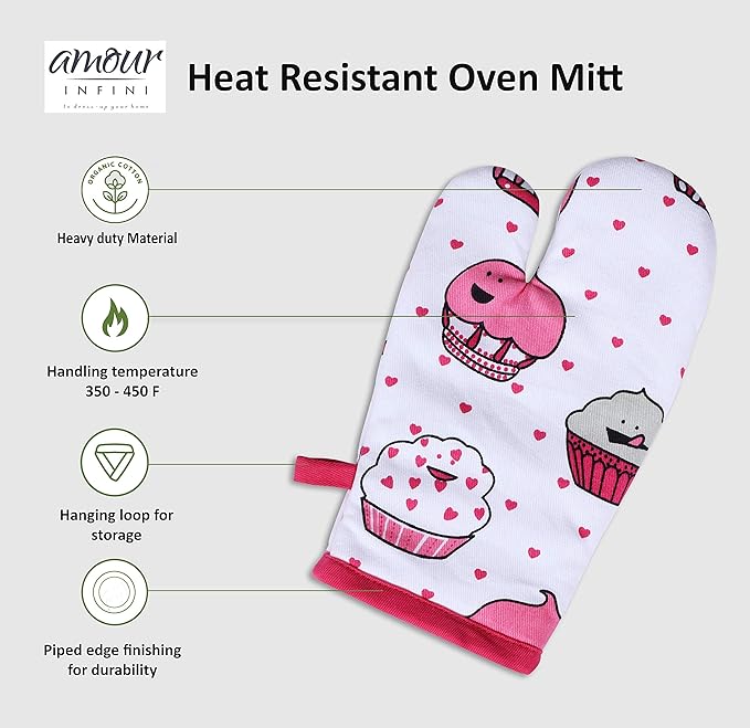 AMOUR INFINI 100% Cotton Cup Cake 3-Piece Kitchen Set Kid's Aprons, Oven Mitts, and Chef Hats Kitchen Play, Cooking, Grilling, Baking Birthday Gift for Girls, Boys & Young Chefs