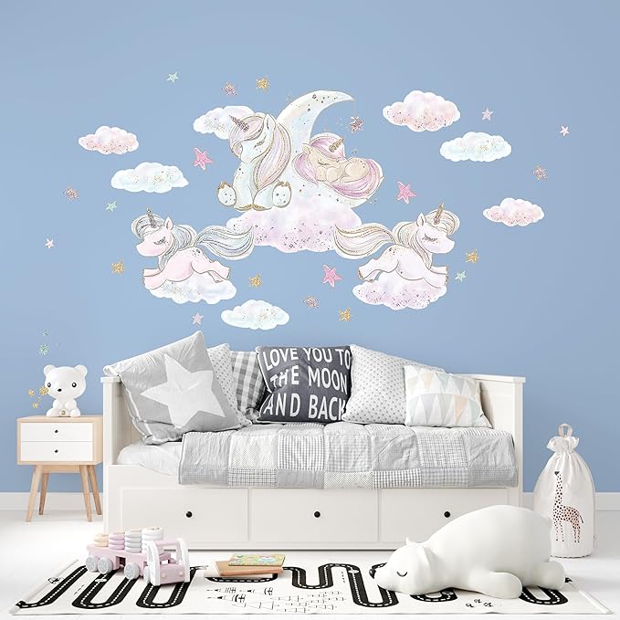 Unicorn Wall Decals for Kids by Lipastick - 126 pcs Unicorn Wall Stickers Peel and Stick - Wall Decals for Girls Kids Baby Nursery Bedroom - Kids Colorful Decals Glittered Moon Stars Clouds M Size