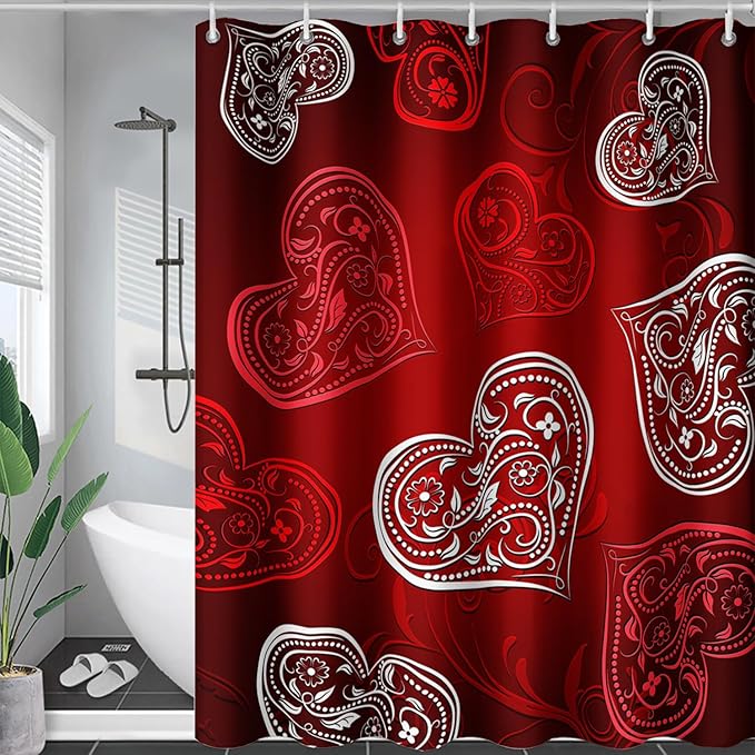 AILONEN Heart Love Shower Curtain for Bathroom, Red and White Floral Hearts Print Bath Curtain,Minimalism Hearts Decoration Shower Curtain Waterproof with 12 Plastic Hooks, 72" W*84" H