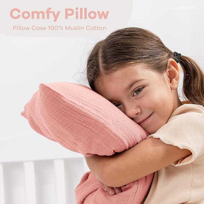 Comfy Cubs Toddler Pillow with Soft Muslin Pillowcase, 13"x18", Blush (2 Pack) - Kids Pillow for Sleeping & Travel - Comfortable Small Pillow - Kids Travel Pillow with Breathable Microfiber Fill