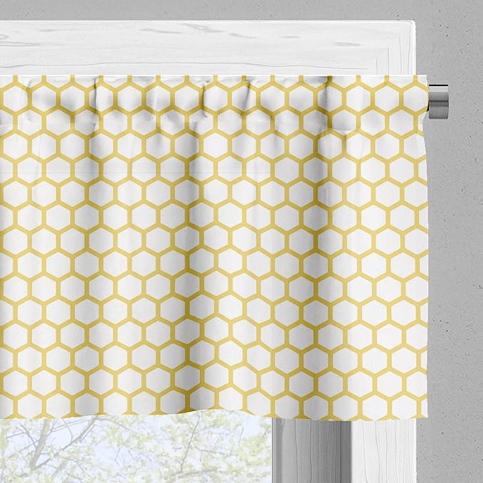 Ambesonne Yellow and White Valance & Tier Curtain 3 pcs Set, Hexagonal Pattern Honeycomb Beehive Simplistic Geometrical Monochrome, Window Treatments for Room Kitchen Decor, 55" x 24", White Yellow