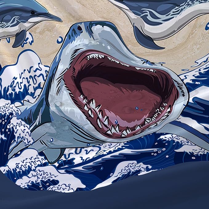 AILONEN Cartoon Shark Shower Curtain for Kids Boys Girls,Blue Ocean Wave with Shark Waterproof Fabric Shower Curtain for Bathroom,Jumping Dolphin Shower Curtain Set with Hooks,48" W*72" H