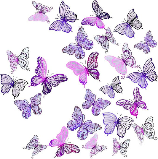 3D Butterfly Wall Decor 48 Pcs 4 Styles 3 Sizes, Butterfly Birthday Decorations Butterfly Party Decorations Cake Decorations, Removable Stickers(Purple)