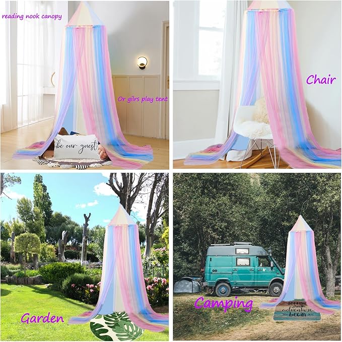 Rainbow Bed Canopy for Girls with Lights Princess Canopy for Girls Bed Mosquito Net for Single Twin Full Queen Size Reading Nook Canopy Bed Curtains Room Decor