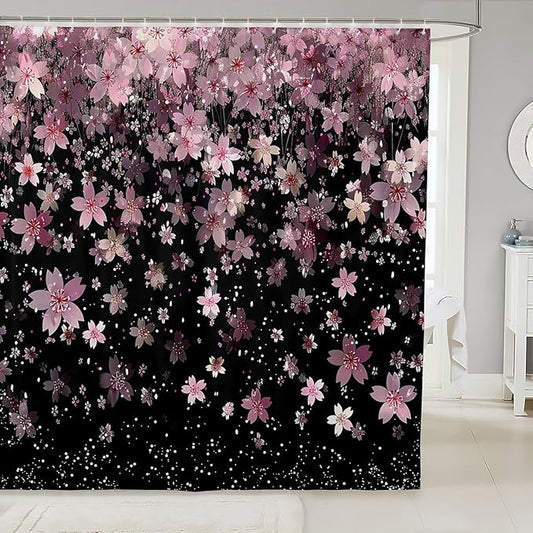 Feelyou Cherry Blossoms Shower Curtain 72"x72" Kids Sakura Flower Bathroom Shower Curtain Set for Boys Girls Teens Romantic Floral Botanical Bath Curtain Pink Black Bathroom Accessories