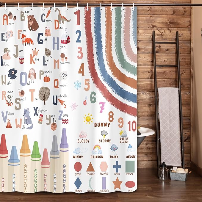 Kids Alphabet Shower Curtain, Funny Cartoon Animal ABC Learning Bath Curtain 47 x 72 Inch, Educational Boys Girls Children Bathroom Curatin Decoration Waterproof with Hooks Washable
