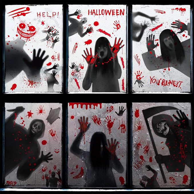 Horror Halloween Window Stickers Skull Devil Bloody Handprints Female Ghost Window Clings for Glass Grim Reaper Window Decals for School Home Office Party Supplies Window Decoration