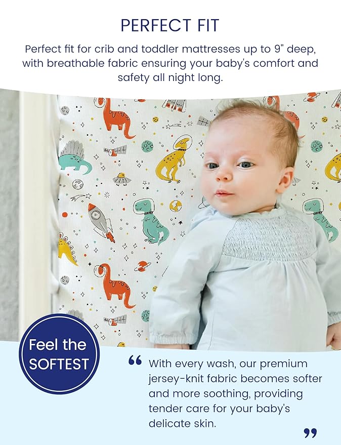 TotAha Premium Stretchy Dinosaur Crib Sheets (2-Pack)-Hypoallergenic, Silky Comfort, Buttery Soft, Calming Effect, All-Season Jersey-Knit Sheets, 9'' Extra Deep Pocket, Space Dino