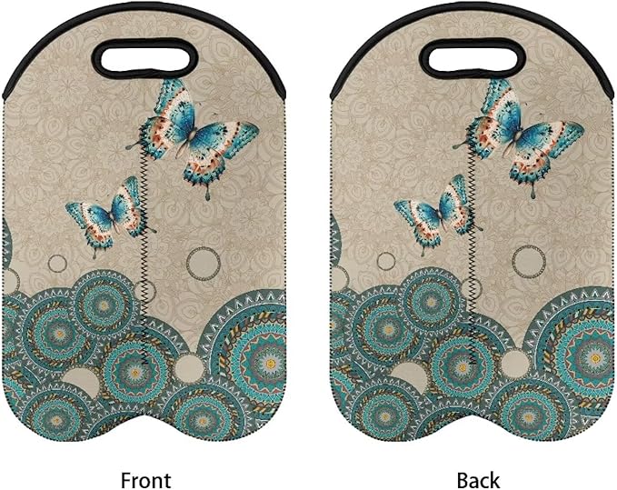 doginthehole 2 Bottle Wine Bag Boho Butterfly Wine Bottle Protector Carrier Tote Bag Portable Neoprene Hand Bag Champagne Bottle Holder for Travel with Handle